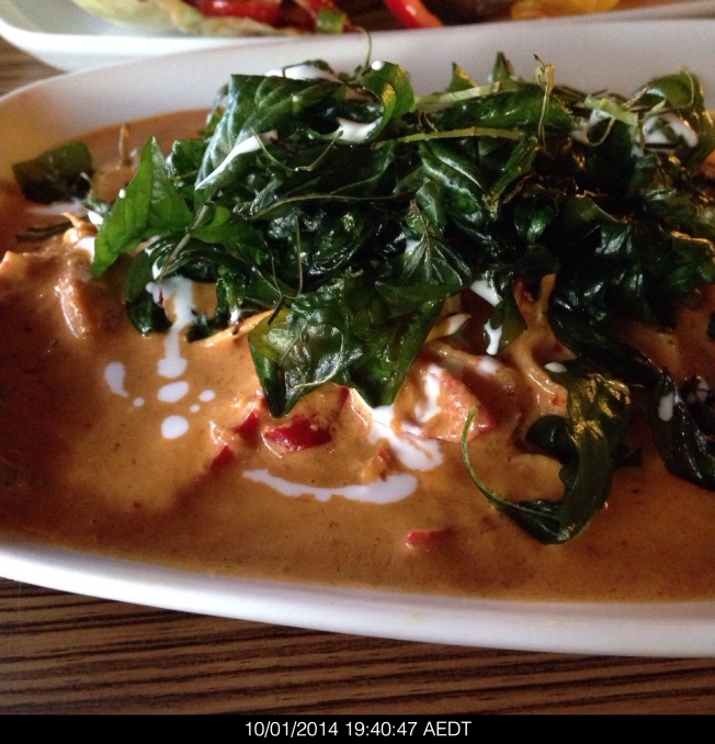 Friday 2014-01-10 19.40.45 AEDT PLA CHOO CHEE Pan fried barramundi topped with chilli, cooked in coconut milk, kaffir lime leaves and sweet basil leaves